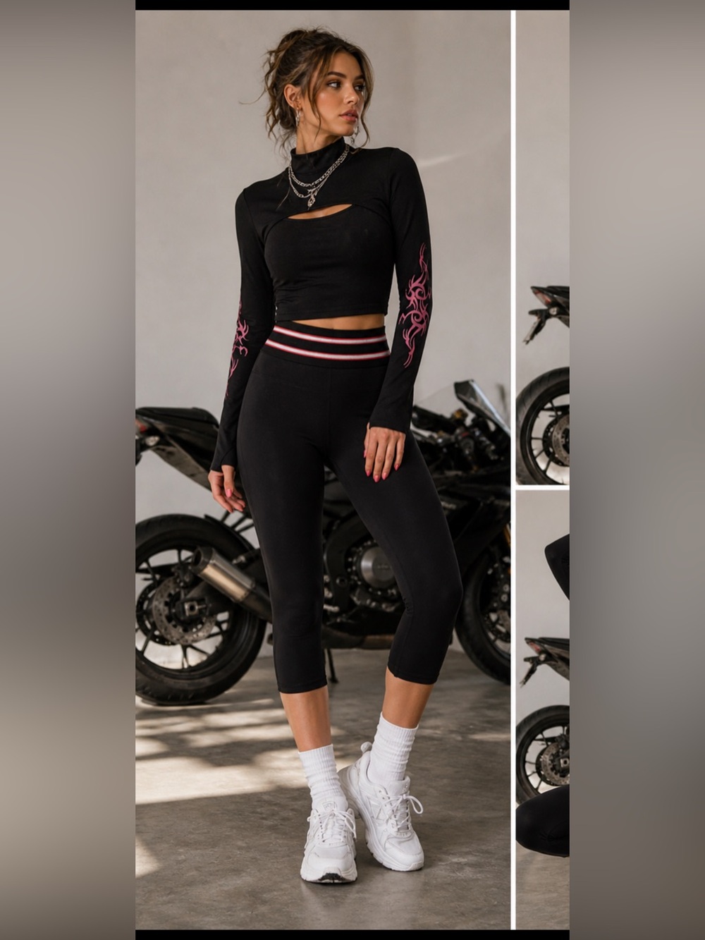 NWT Biker Black Cut Out Stretchy Fitted Long Sleeve Top with Flame Print